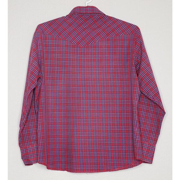 Wrangler Mens Shirt Large? L/S Red Multicolor Plaid PearlSnap w/Pockets Western - Picture 2 of 3